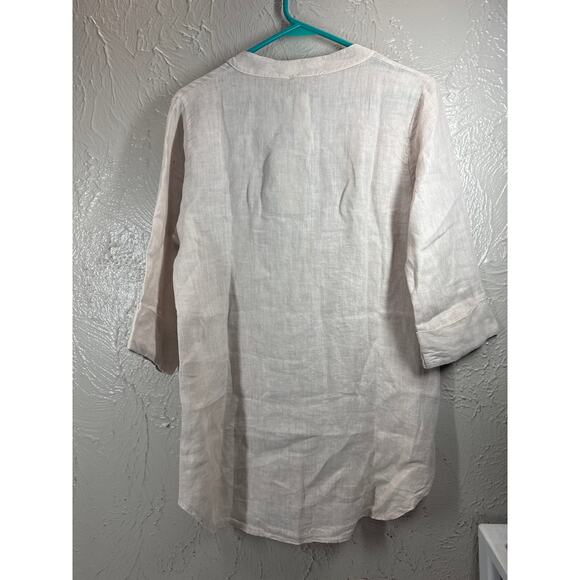 LUNGO L'ARNO Button Up Women's Beige V-Neck Cuff Sleeve 100% Linen Size Large - Picture 3 of 4